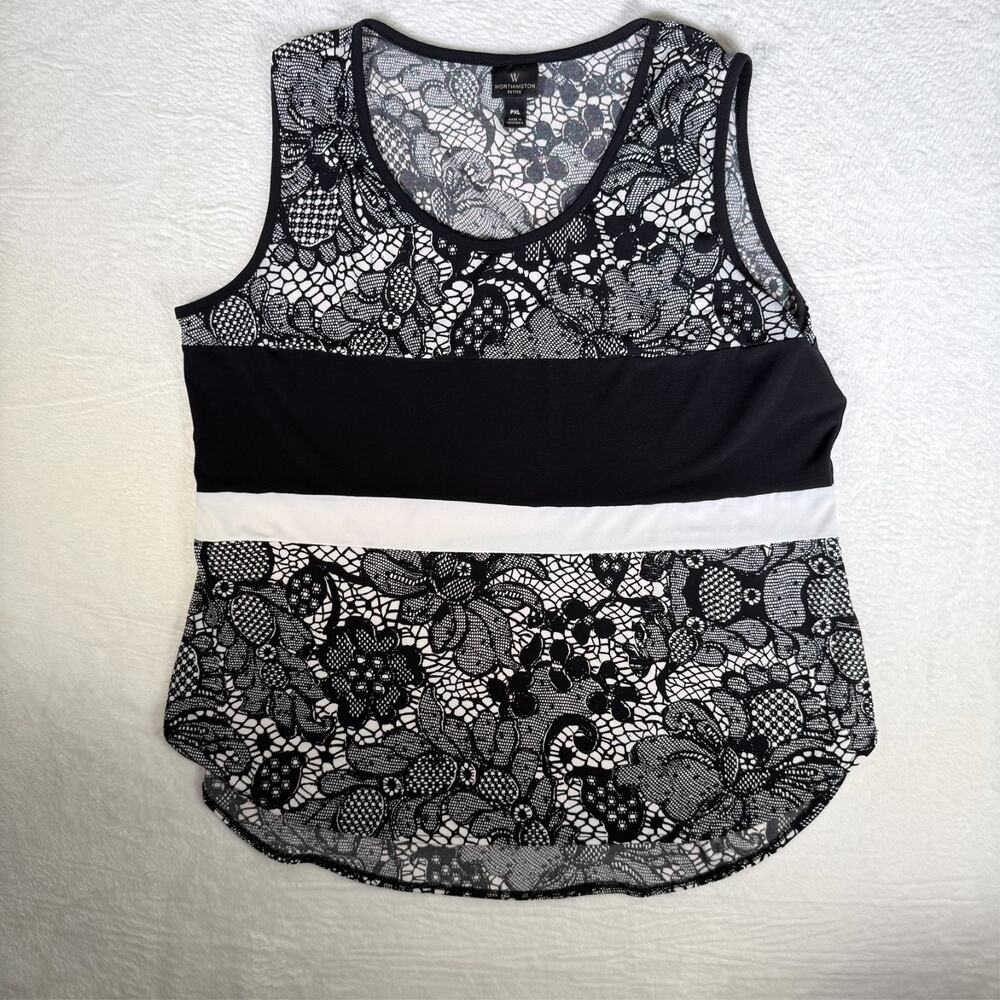 Worthington Woman Top White Black Lace‎ Sleeveless Hi-Lo Petites XL Whimsigoth